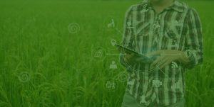 A man holding a tablet in front of a green field.