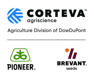 A group of logos for corteva agriscience, pioneer seed company and brevant seeds.