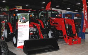 A red tractor on display.