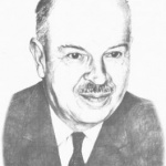 A pencil drawing of an older man wearing a suit and tie.