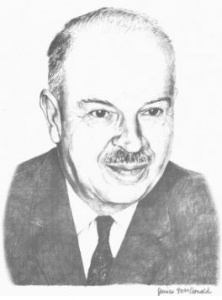 A pencil drawing of an older man wearing a suit and tie.