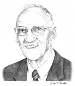 A pencil drawing of an older man wearing glasses.