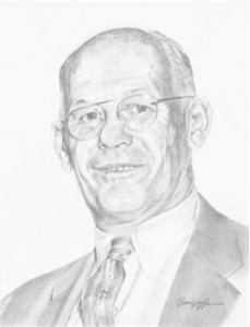 A pencil drawing of an older man wearing glasses.