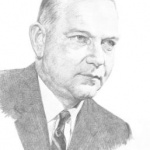A pencil drawing of an older man in a suit.