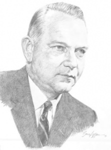 A pencil drawing of an older man in a suit.