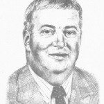 A pencil drawing of an older man wearing a suit and tie.