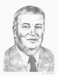 A pencil drawing of an older man wearing a suit and tie.