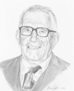 A pencil drawing of an older man wearing glasses.