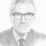A pencil drawing of an older man wearing glasses.