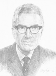 A pencil drawing of an older man wearing glasses.