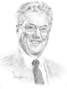 A pencil drawing of an older man wearing glasses.