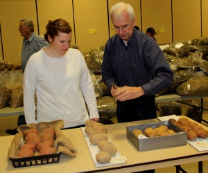 A man and woman looking at some food on the table.