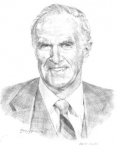 A pencil drawing of an older man in a suit.