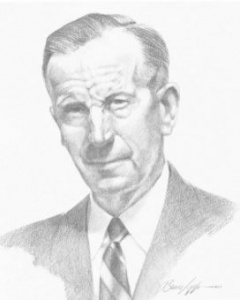 A pencil drawing of an older man wearing a suit and tie.