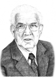 A pencil drawing of an older man wearing glasses.