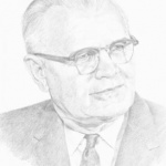 A pencil drawing of an older man wearing glasses.