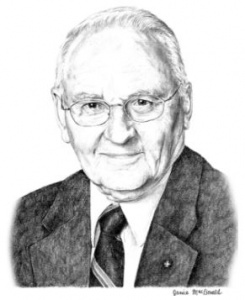 A pencil drawing of an older man wearing glasses.