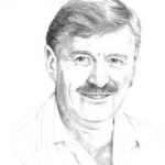 A pencil drawing of an older man with mustache.