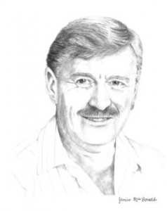 A pencil drawing of an older man with mustache.