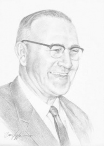 A pencil drawing of an older man wearing glasses.