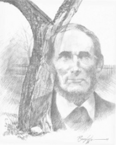 A pencil drawing of abraham lincoln with a tree in the background.