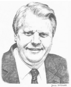 A pencil drawing of an older man in a suit.