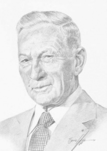 A pencil drawing of an older man wearing a suit and tie.