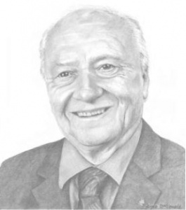 A pencil drawing of an older man wearing a suit and tie.