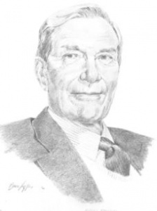 A pencil drawing of an older man wearing a suit and tie.