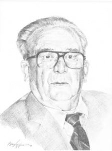 A pencil drawing of an older man wearing glasses.