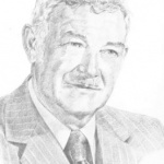 A pencil drawing of an older man in a suit.