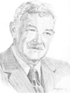 A pencil drawing of an older man in a suit.