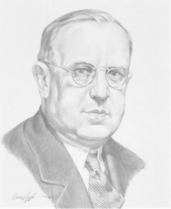 A pencil drawing of an older man wearing glasses.