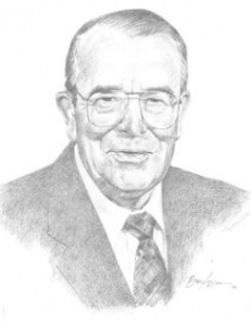 A pencil drawing of an older man wearing glasses.