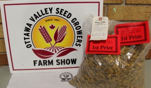 A bag of seeds and a prize sign