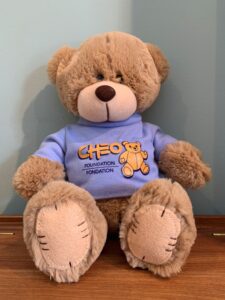 A teddy bear with chews on it's shirt.