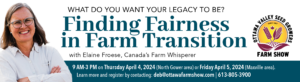 Promotional banner for an event on "finding fairness in farm transition" scheduled for april 4 and 5, 2024, featuring a smiling woman and contact information for registration.