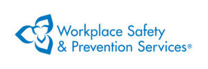 Logo of workplace safety & prevention services featuring a graphic element resembling a looped ribbon next to the organization's name in blue lettering.